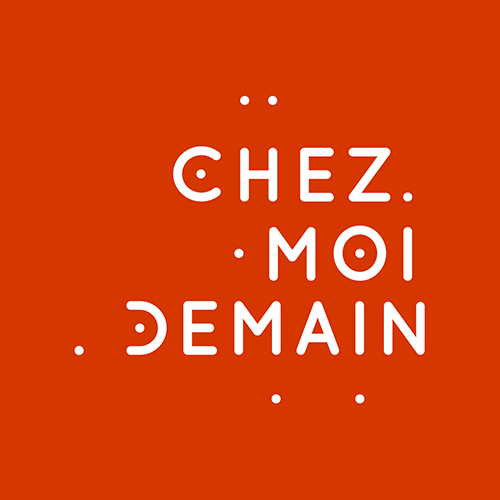Logo Chez Moi Demain : fond rouge brique avec une multitudes de points pour les personnes.