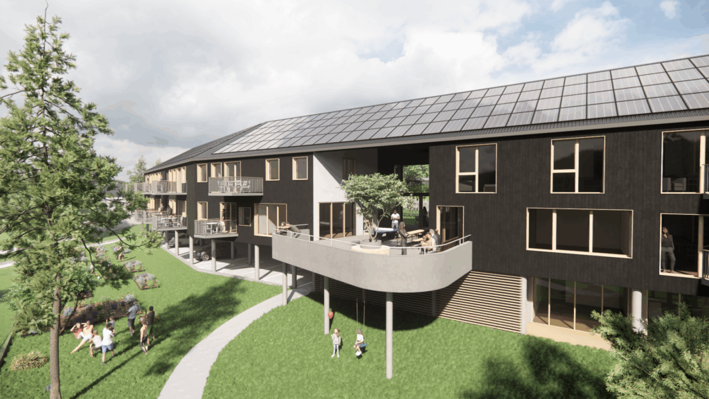 Un plan 3D détaillé du projet d’habitat inclusif et partagé à Matour : de grand espace vert, des panneaux solaire, un balcon central et des habitants profitant de l'extérieur.